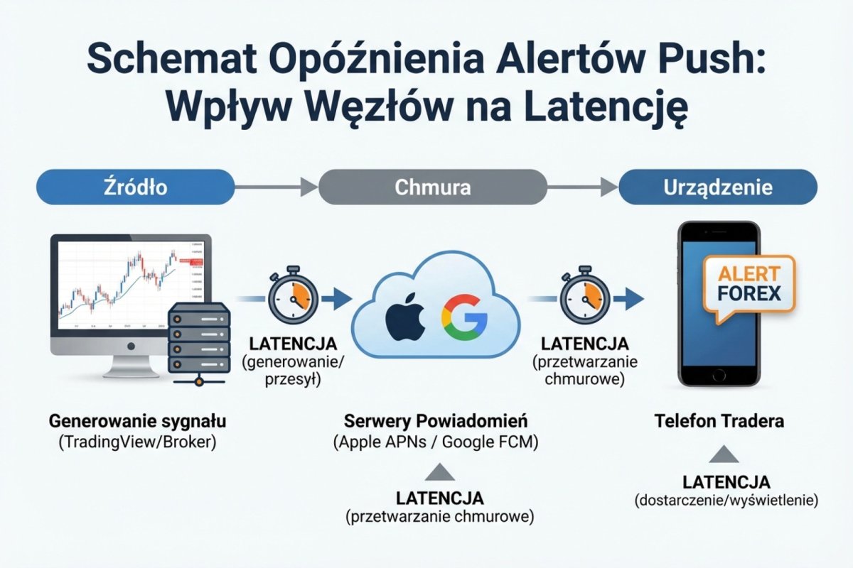 Schemat opóźnienia alertów push: TradingView/broker → serwery Apple APNs lub Google FCM → telefon tradera — każdy węzeł dodaje latencję