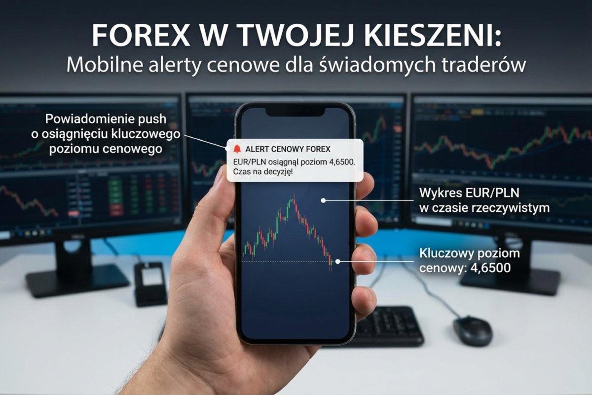 Powiadomienie push z alertem cenowym na smartfonie — trader otrzymuje notyfikację o osiągnięciu kluczowego poziomu cenowego