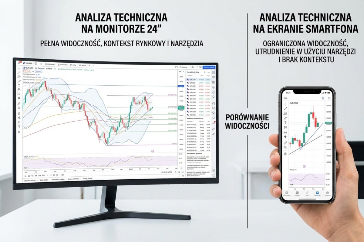 Porównanie analizy technicznej na monitorze 24 cali i ekranie smartfona — widoczność świec, narzędzi i kontekstu rynkowego