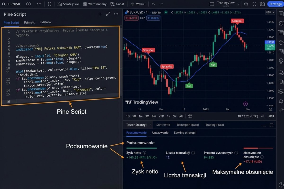 Edytor Pine Script w TradingView z przykładowym kodem wskaźnika, wykresem z naniesionym custom indicatorem i panelem Strategy Tester
