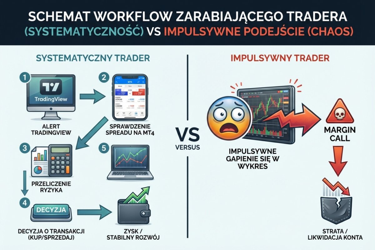 Schemat workflow zarabiającego tradera: alert TradingView → sprawdzenie spreadu na MT4 → przeliczenie ryzyka → decyzja, versus impulsywne gapienie się w wykres i margin call