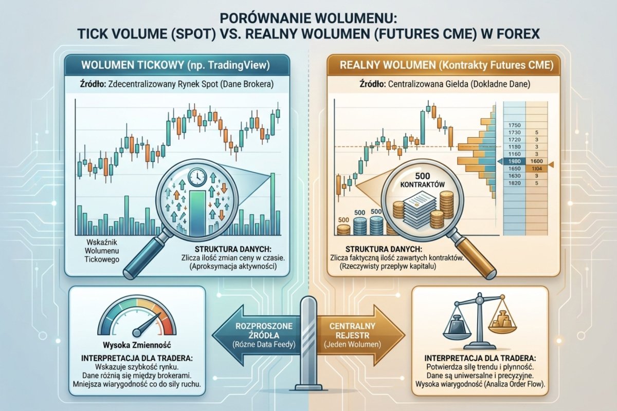 Porównanie tick volume z TradingView i realnego wolumenu z rynku futures CME -- różnice w strukturze danych i interpretacji dla tradera Forex