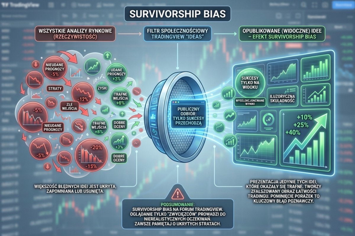 Sekcja Ideas na TradingView -- widoczne tylko udane analizy, schematyczne przedstawienie survivorship bias w publikacjach społeczności