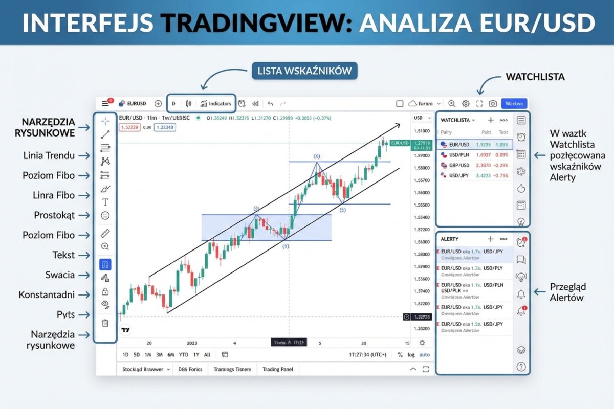 Interfejs TradingView z wykresem EUR/USD -- panel narzędzi rysunkowych, lista wskaźników, panel alertów i watchlista par walutowych