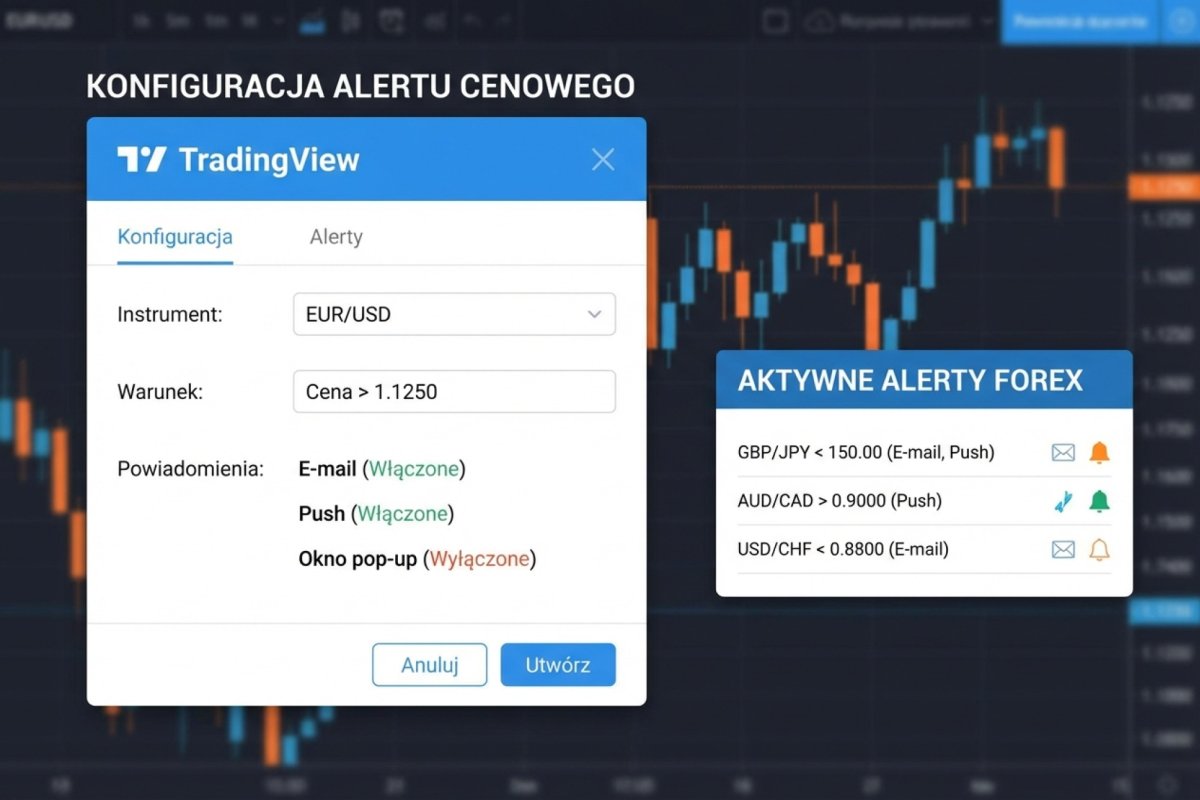 System alertów TradingView -- panel konfiguracji alertu cenowego z warunkami, powiadomieniami push i email, lista aktywnych alertów na parach Forex
