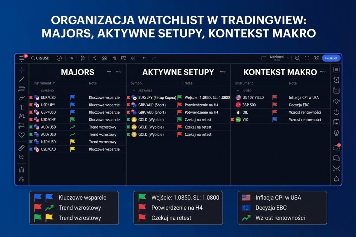 Organizacja watchlist w TradingView -- trzy oddzielne listy: Majors, aktywne setupy i kontekst makro z kolorowymi flagami i notatkami