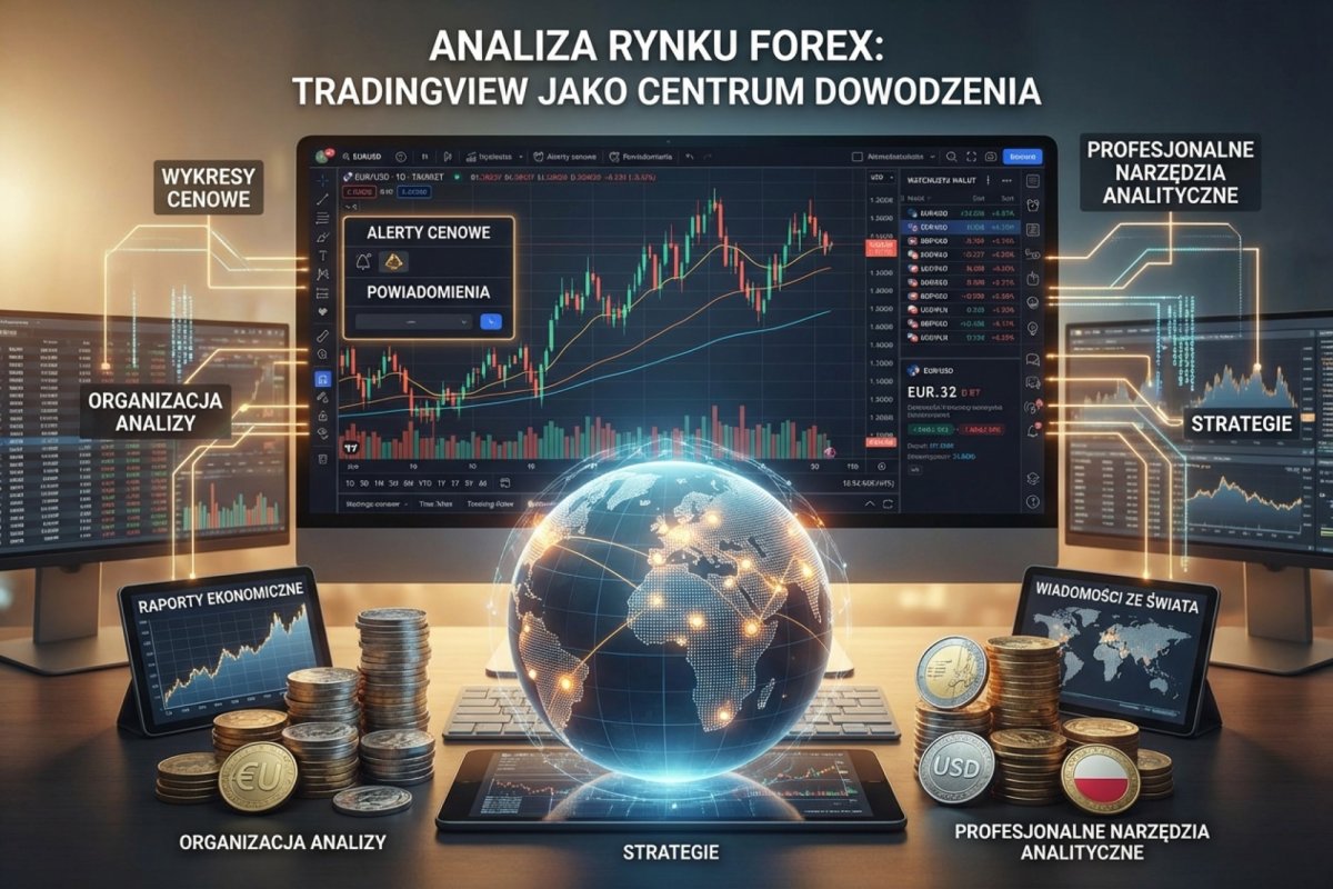 TradingView wykresy, alerty i organizacja analizy Forex -- interfejs platformy z wykresem cenowym, panelem alertów i watchlistą walut