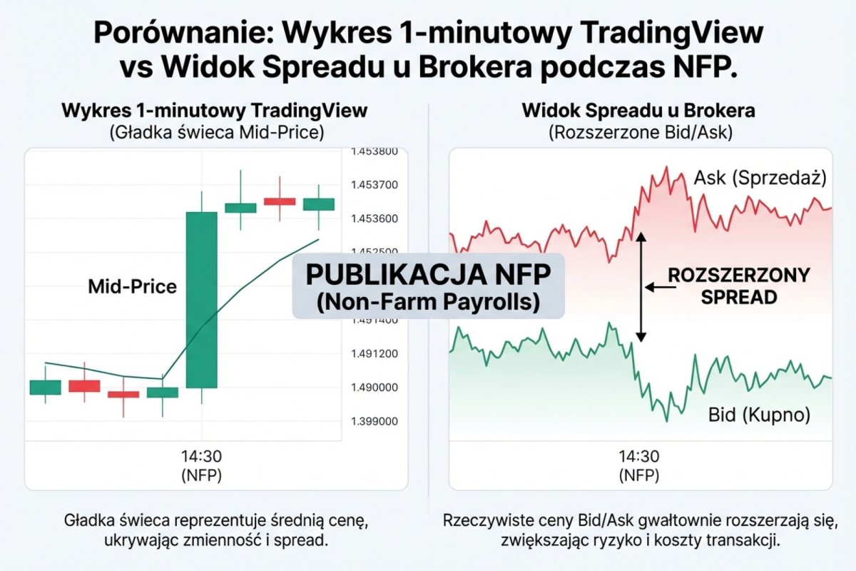 Porównanie wykresu 1-minutowego TradingView (gładka świeca mid-price) z widokiem spreadu u brokera (rozszerzone bid/ask) w momencie publikacji NFP