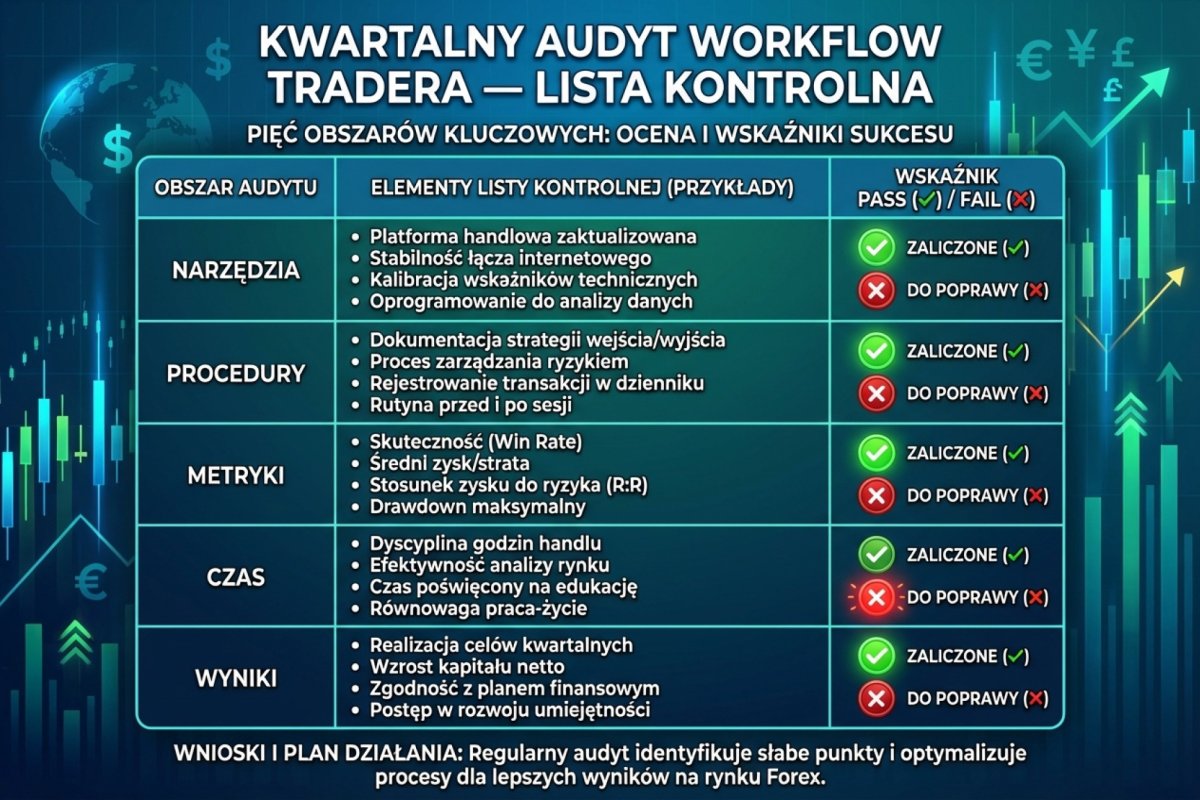 Kwartalny audyt workflow tradera — checklist z pięcioma obszarami (narzędzia, procedury, metryki, czas, wyniki) i wskaźnikami pass/fail dla każdego