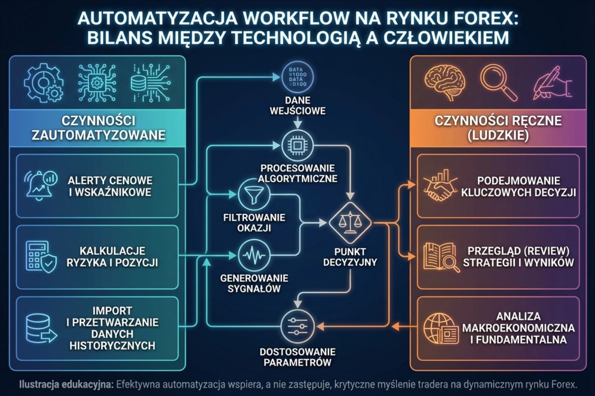 Diagram decyzyjny automatyzacji workflow tradera — lewa kolumna: czynności do automatyzacji (alerty, kalkulacje, import danych), prawa kolumna: czynności ręczne (decyzje, review, analiza makro)