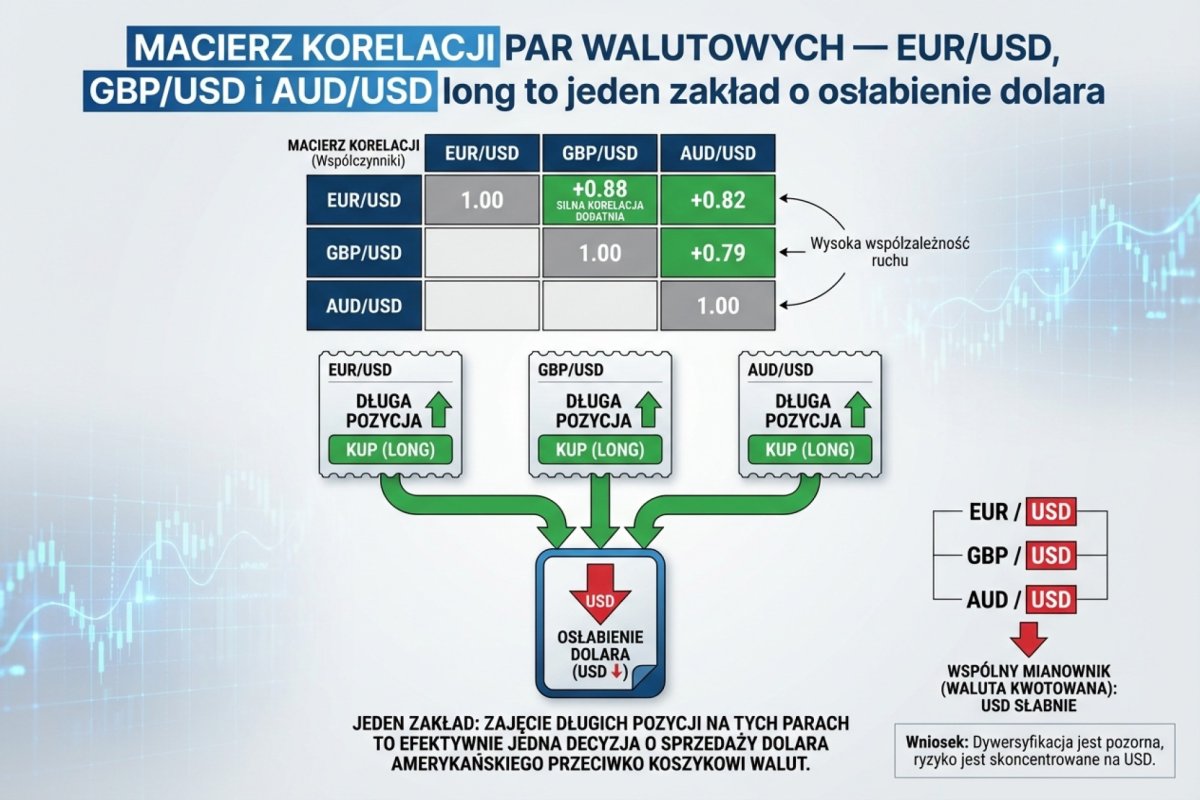 Macierz korelacji par walutowych — EUR/USD, GBP/USD i AUD/USD long to jeden zakład o osłabienie dolara