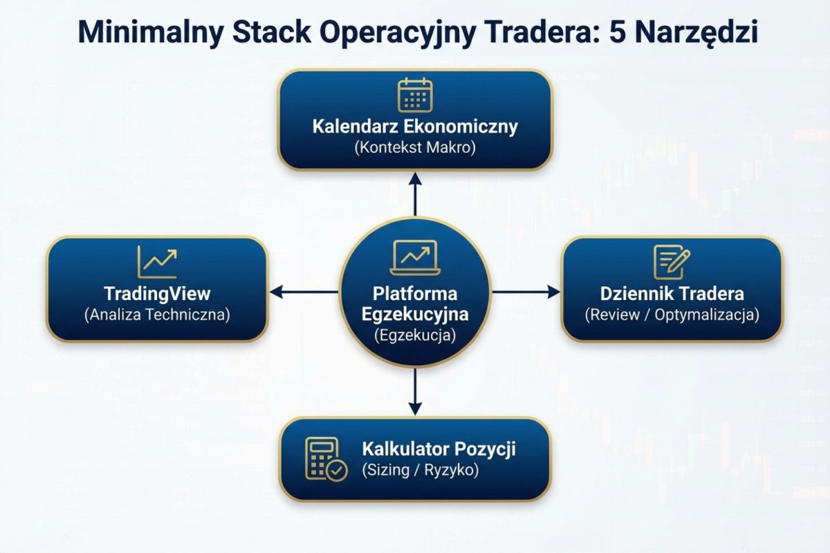 Minimalny stack operacyjny tradera — 5 narzędzi połączonych strzałkami: platforma egzekucyjna w centrum, TradingView po lewej (analiza), kalendarz u góry (kontekst makro), kalkulator na dole (sizing), dziennik po prawej (review)