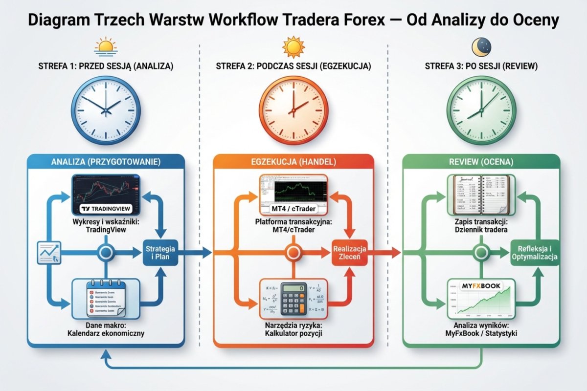 Diagram trzech warstw workflow tradera — analiza (TradingView, kalendarz), egzekucja (MT4/cTrader, kalkulator), review (dziennik, MyFxBook) z oddzielonymi strefami czasowymi