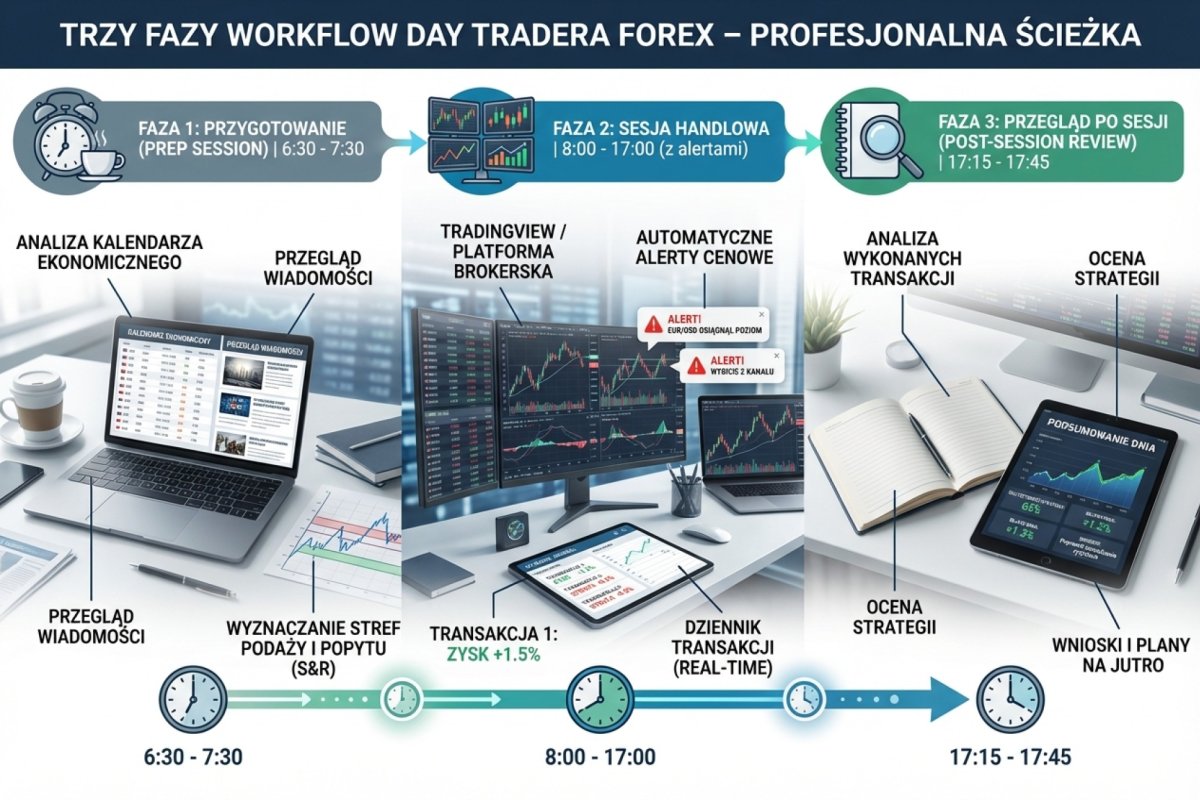Trzy fazy workflow day tradera — prep session (6:30-7:30), sesja handlowa (8:00-17:00) z alertami, post-session review (17:15-17:45) z przypisanymi narzędziami