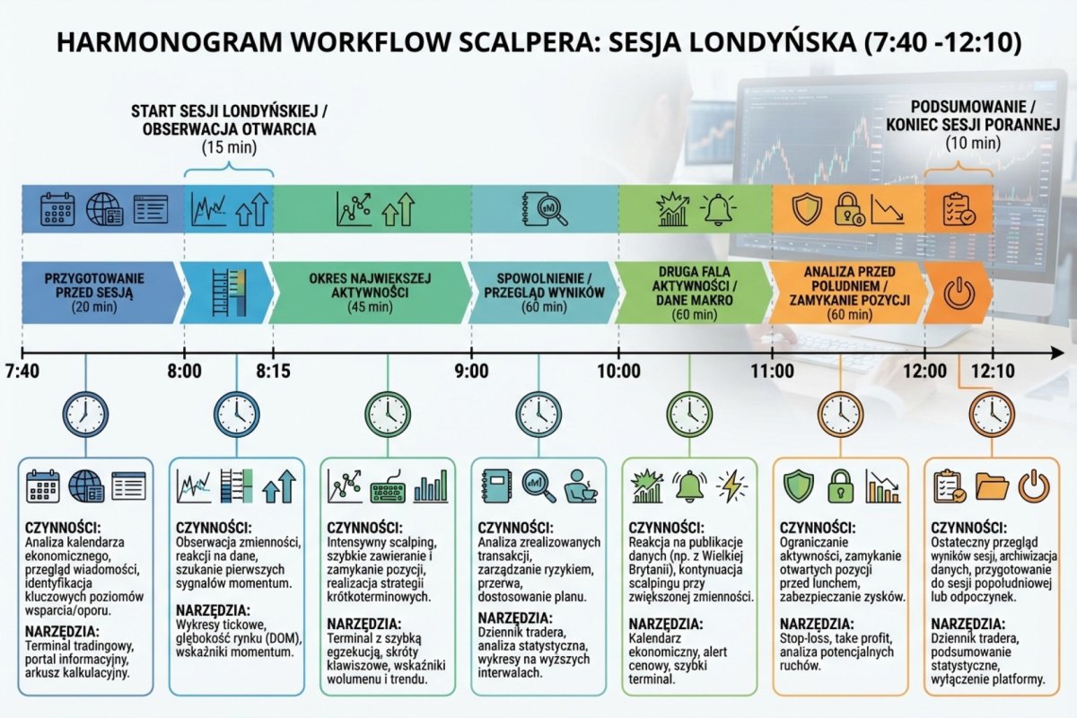 Harmonogram workflow scalpera na sesję londyńską — oś czasu od 7:40 do 12:10 z przypisanymi czynnościami, narzędziami i czasem trwania każdego kroku