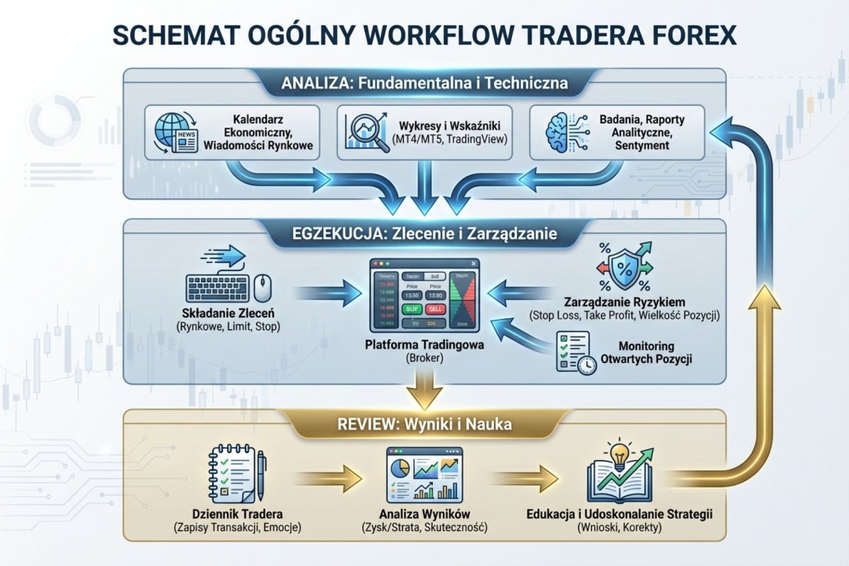 Schemat ogólny workflow tradera Forex — trzy warstwy (analiza, egzekucja, review) z przypisanymi narzędziami i strzałkami pokazującymi przepływ informacji