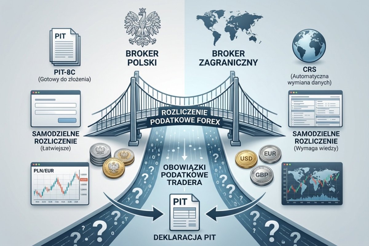 Broker polski vs zagraniczny — PIT-8C, samodzielne rozliczenie, CRS i obowiązki podatkowe tradera Forex