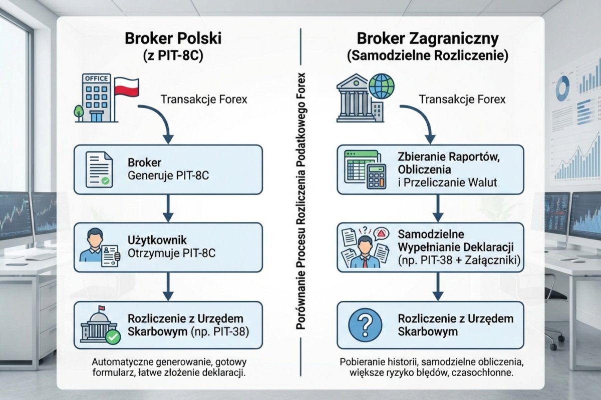Porównanie procesu rozliczenia podatkowego: broker polski z PIT-8C vs broker zagraniczny z samodzielnym rozliczeniem