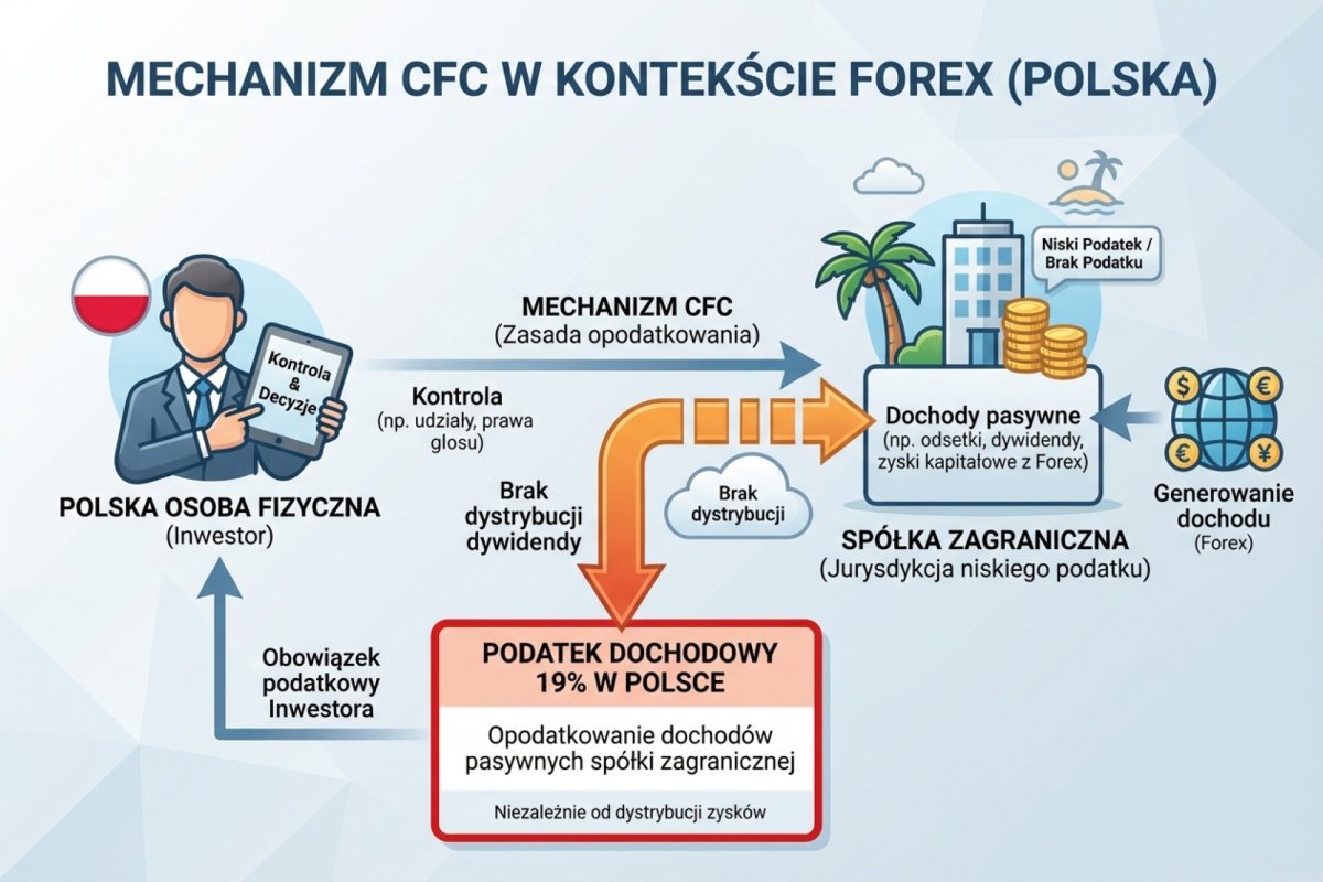 Mechanizm CFC — polska osoba fizyczna kontroluje spółkę w jurysdykcji niskiego podatku, dochody pasywne opodatkowane 19% w Polsce niezależnie od dystrybucji
