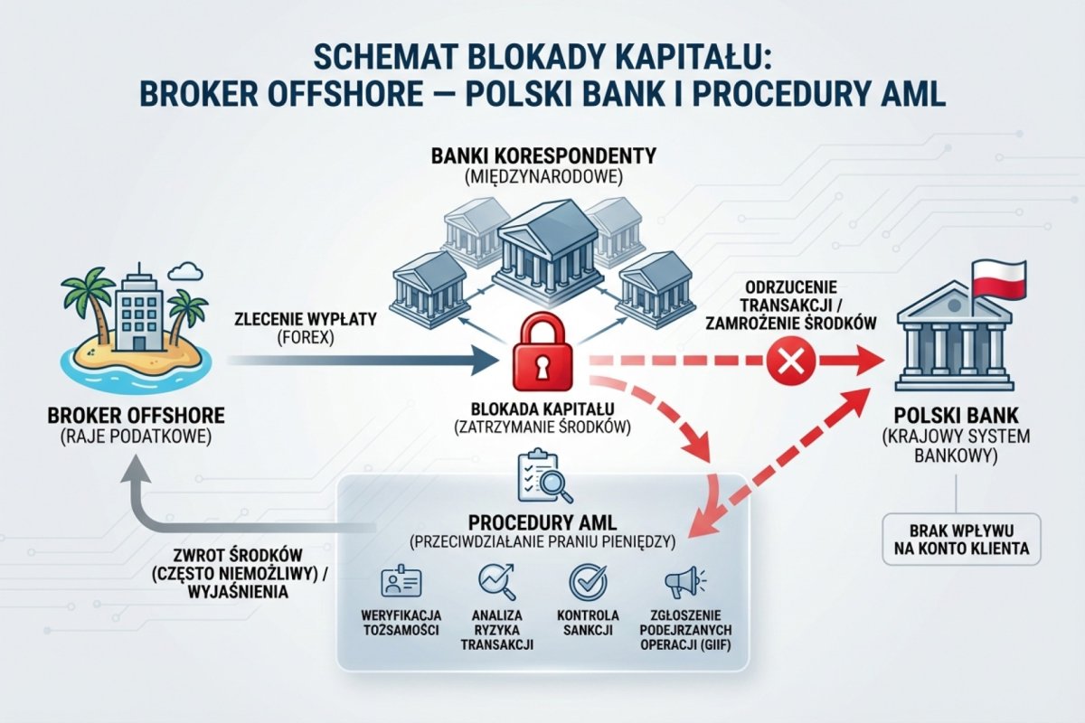 Schemat blokady kapitału przez banki korespondenty na linii broker offshore — polski bank i procedury AML