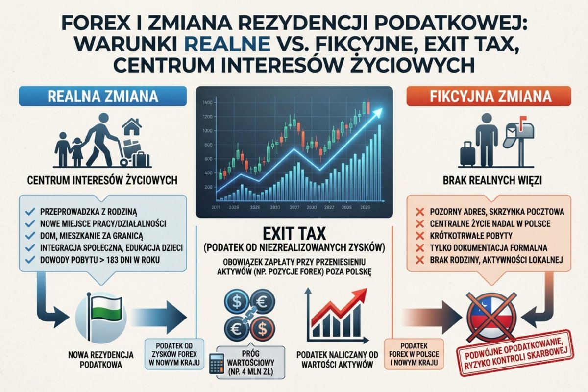 Zmiana rezydencji podatkowej — warunki realne vs fikcyjne, exit tax, centrum interesów życiowych