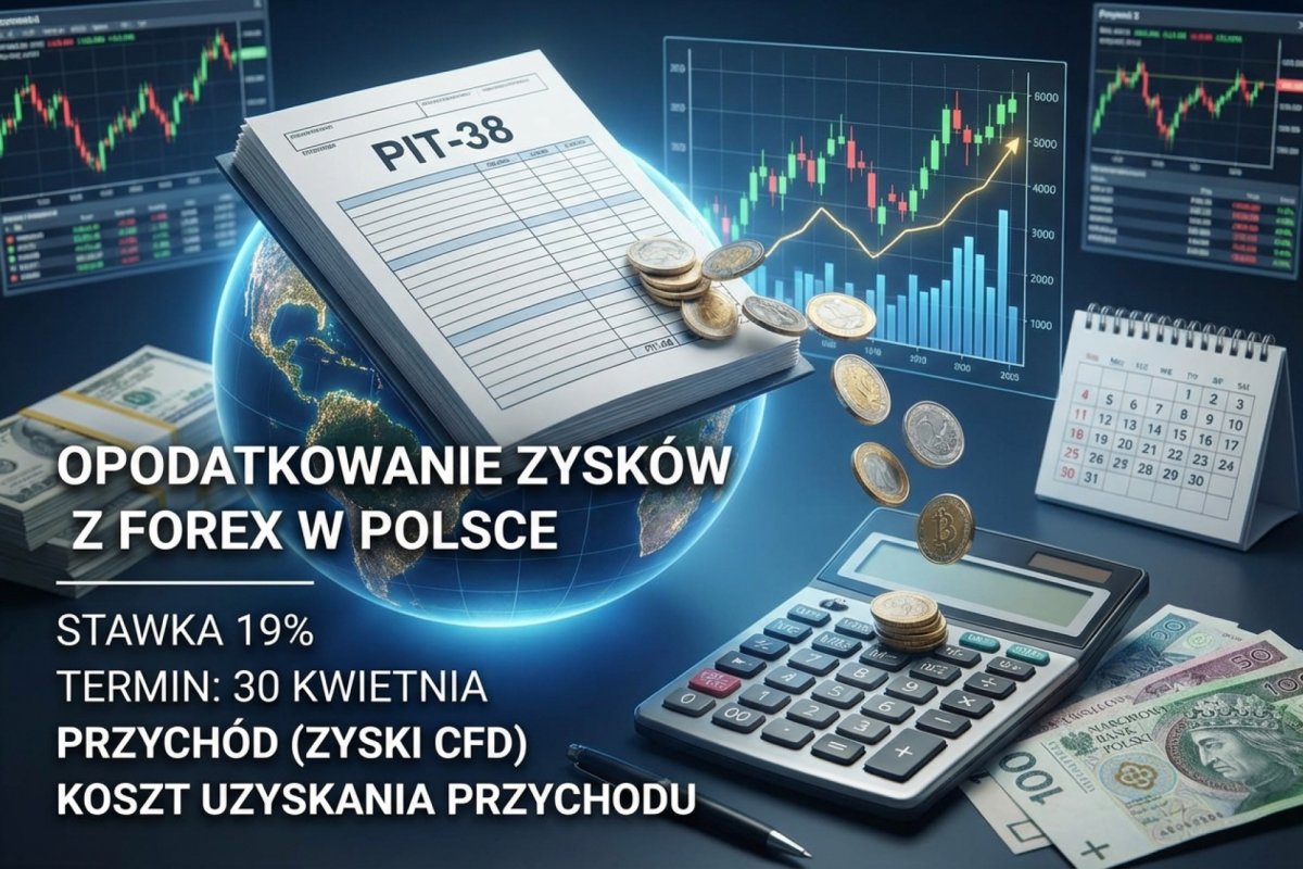 Opodatkowanie zysków z Forex w Polsce — PIT-38, stawka 19%, terminy, przychód i koszt uzyskania przychodu z CFD