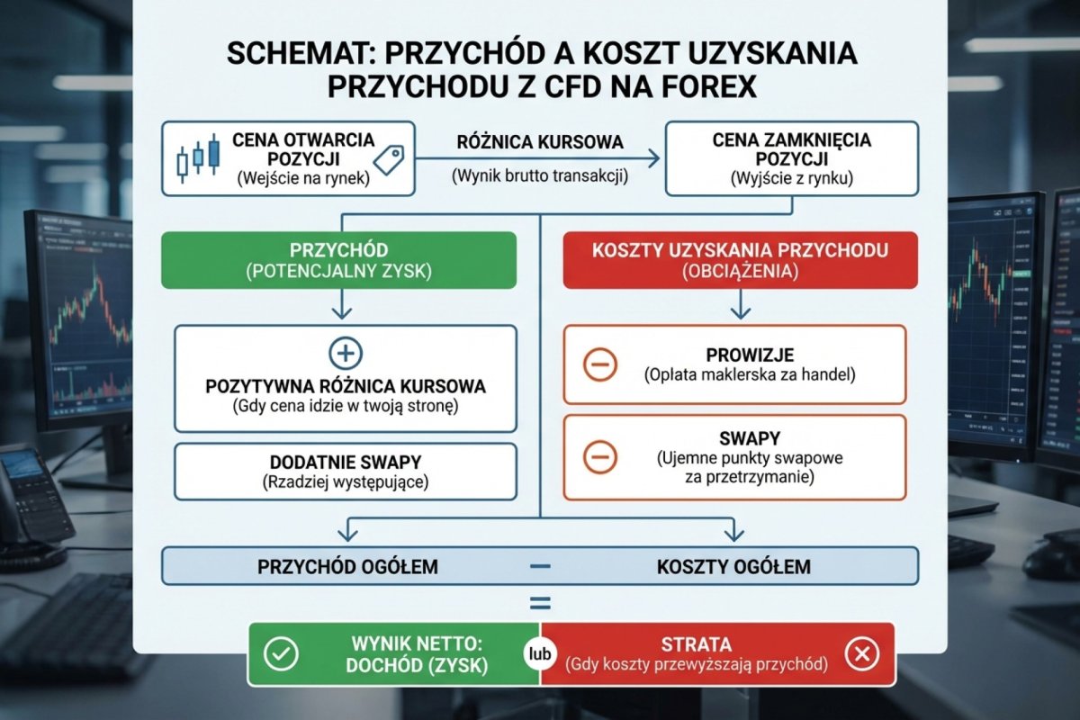 Schemat: co jest przychodem, a co kosztem uzyskania przychodu z CFD na Forex — prowizje, swapy, cena otwarcia i zamknięcia pozycji