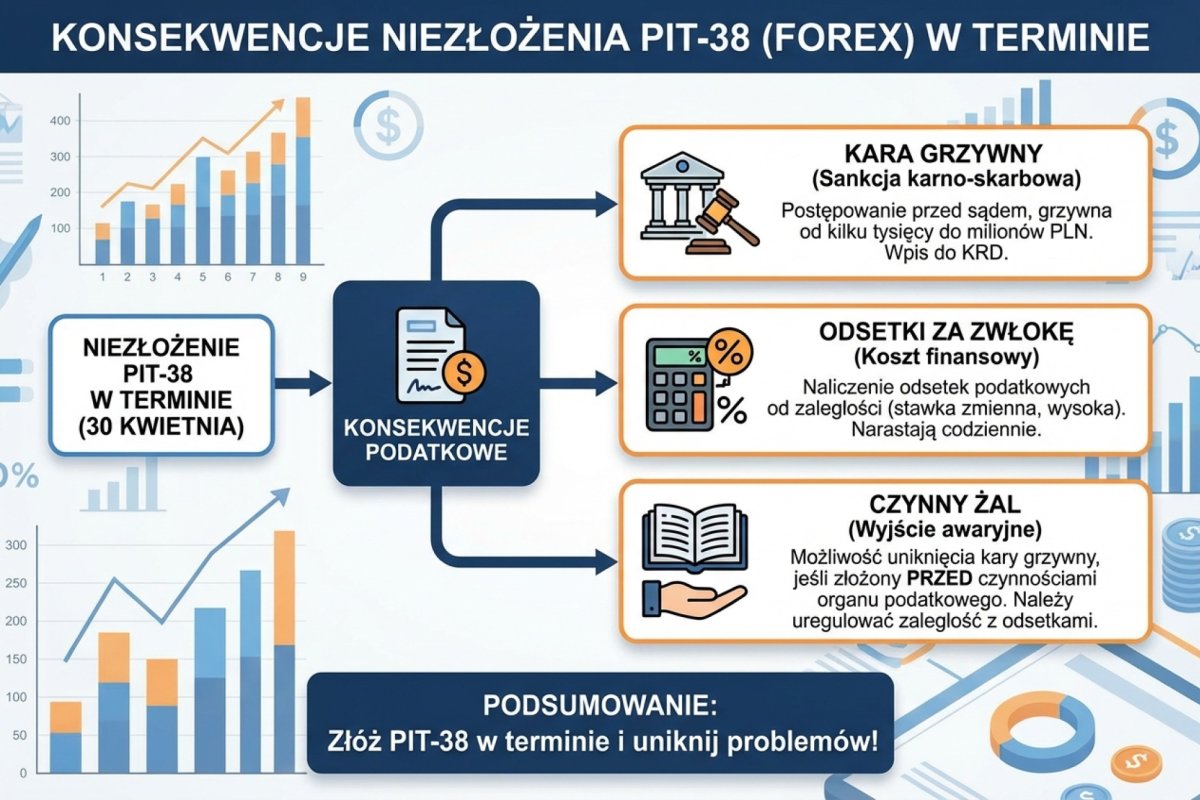 Sankcje za niezłożenie PIT-38 — kara grzywny, odsetki za zwłokę, czynny żal: schemat konsekwencji podatkowych