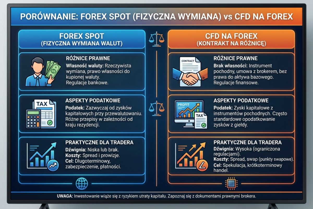Porównanie: Forex spot (fizyczna wymiana walut) vs CFD na Forex — różnice prawne, podatkowe i praktyczne dla tradera