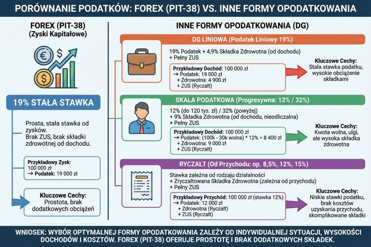 Porównanie stawki 19% PIT-38 z innymi formami opodatkowania — DG liniowa, skala podatkowa, ryczałt