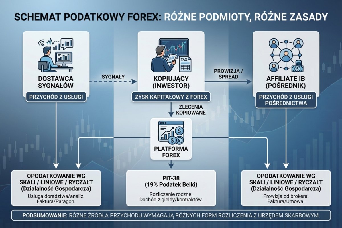Schemat podatkowy: dostawca sygnałów (przychód z usługi) vs kopiujący (PIT-38) vs affiliate IB (przychód z usługi pośrednictwa)