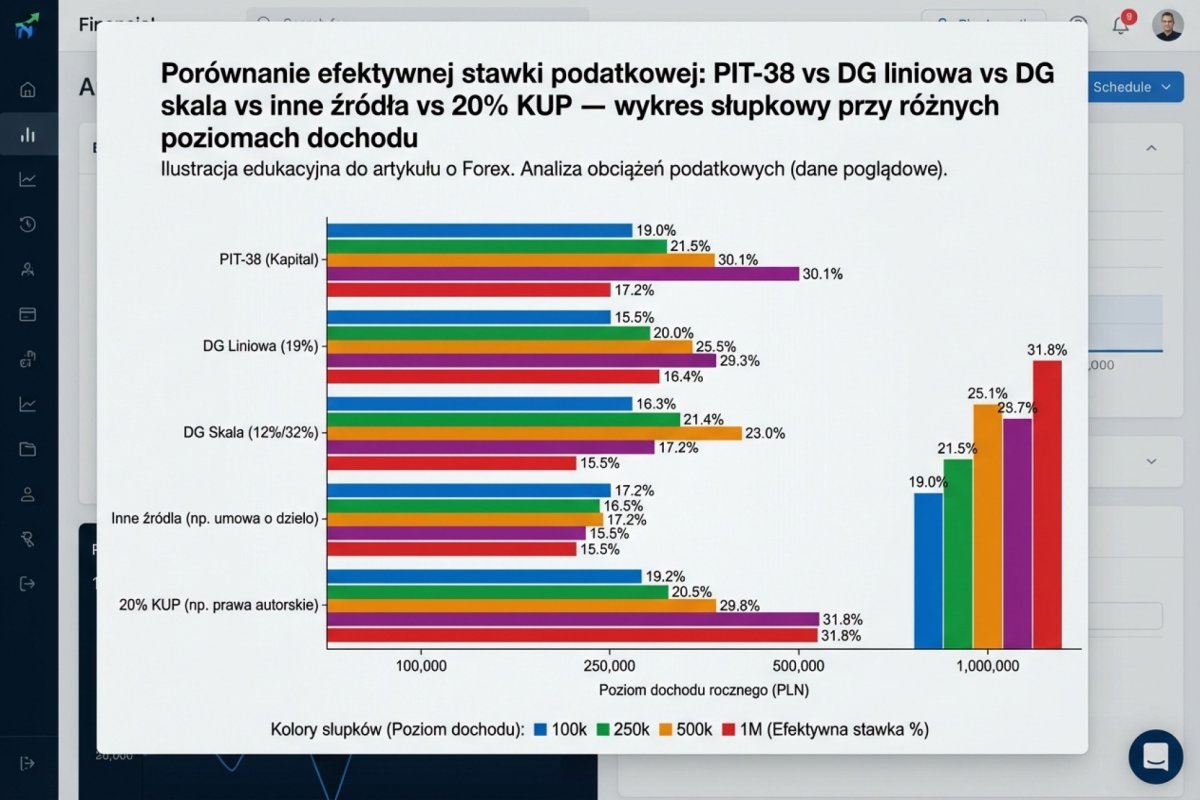 Porównanie efektywnej stawki podatkowej: PIT-38 vs DG liniowa vs DG skala vs inne źródła vs 20% KUP — wykres słupkowy przy różnych poziomach dochodu