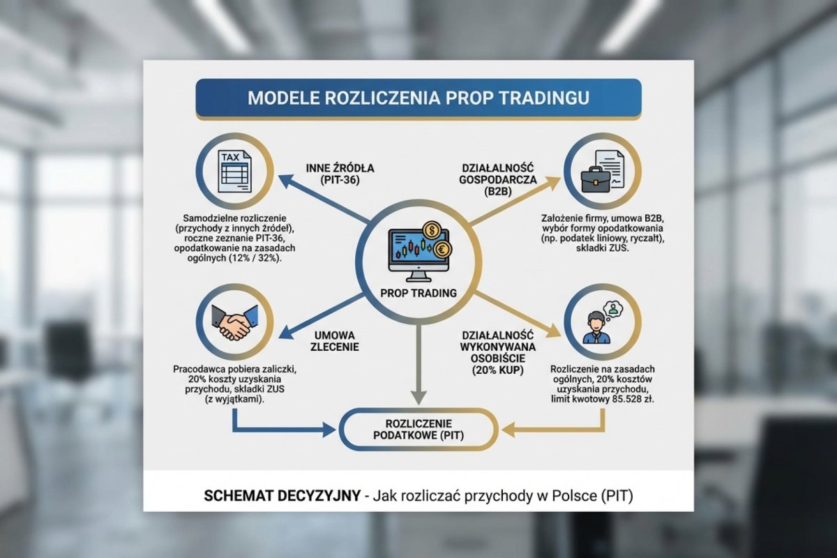 Cztery modele rozliczenia prop tradingu — inne źródła (PIT-36), działalność gospodarcza (B2B), umowa zlecenie, działalność wykonywana osobiście (20% KUP) — schemat decyzyjny