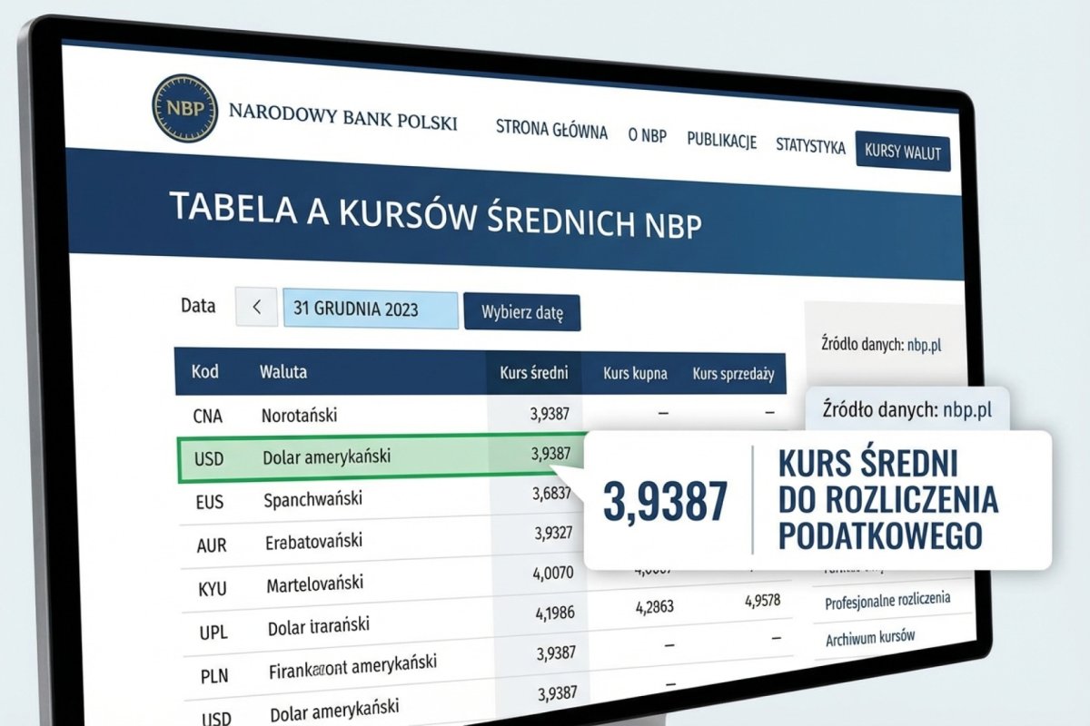 Tabela A kursów średnich NBP — strona nbp.pl z wybranym kursem USD/PLN do rozliczenia podatkowego