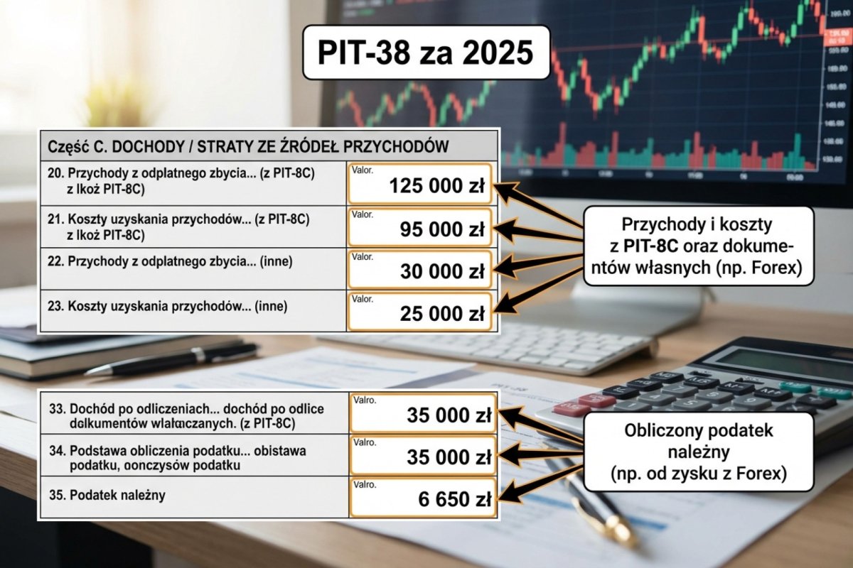 Formularz PIT-38 za 2025 — część C z zaznaczonymi polami 20-23 (przychody/koszty z PIT-8C i własnych dokumentów) oraz pola 33-35 (podatek)
