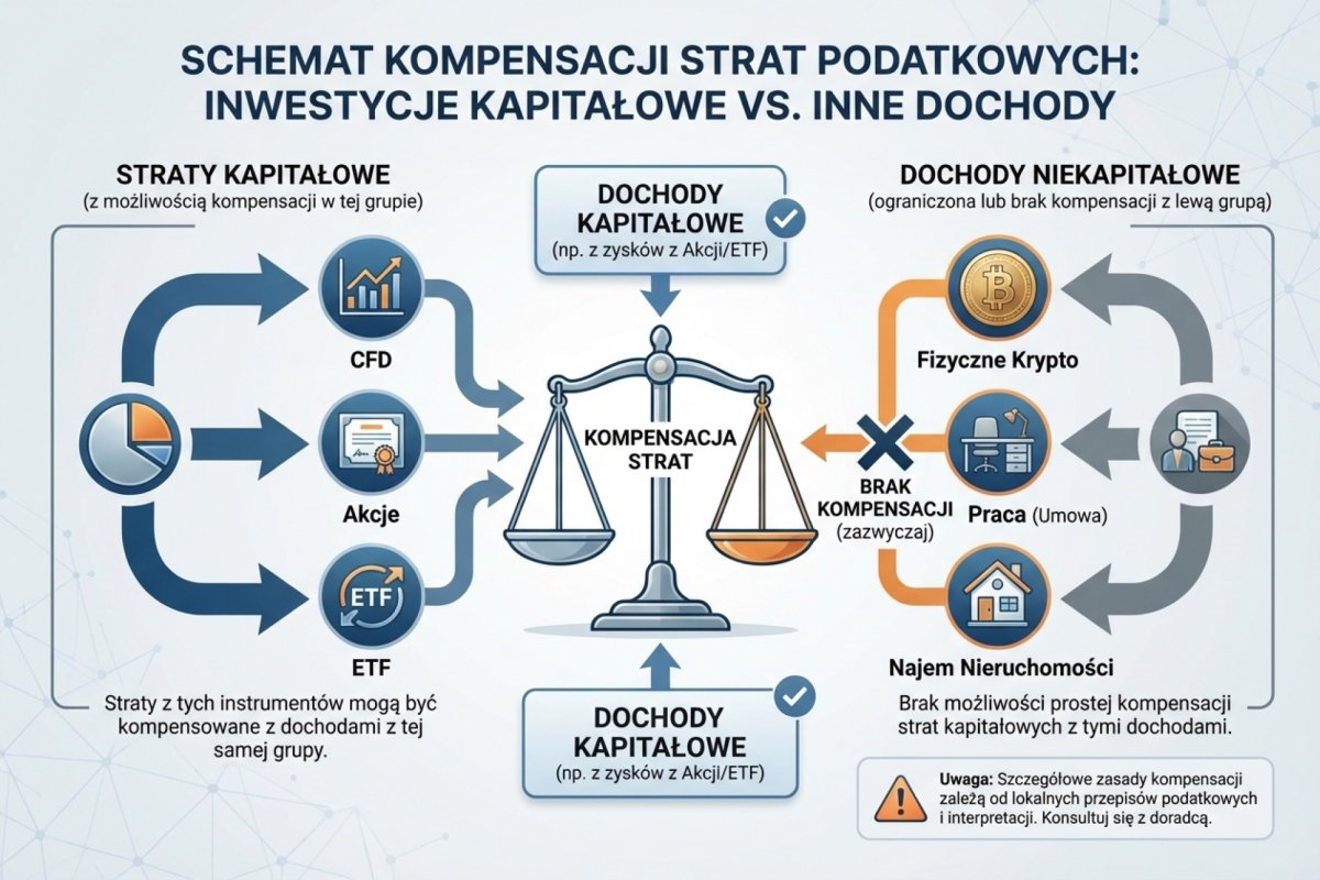 Schemat kompensacji strat —co łączy się z czym: CFD, akcje, ETF vs fizyczne krypto, praca, najem