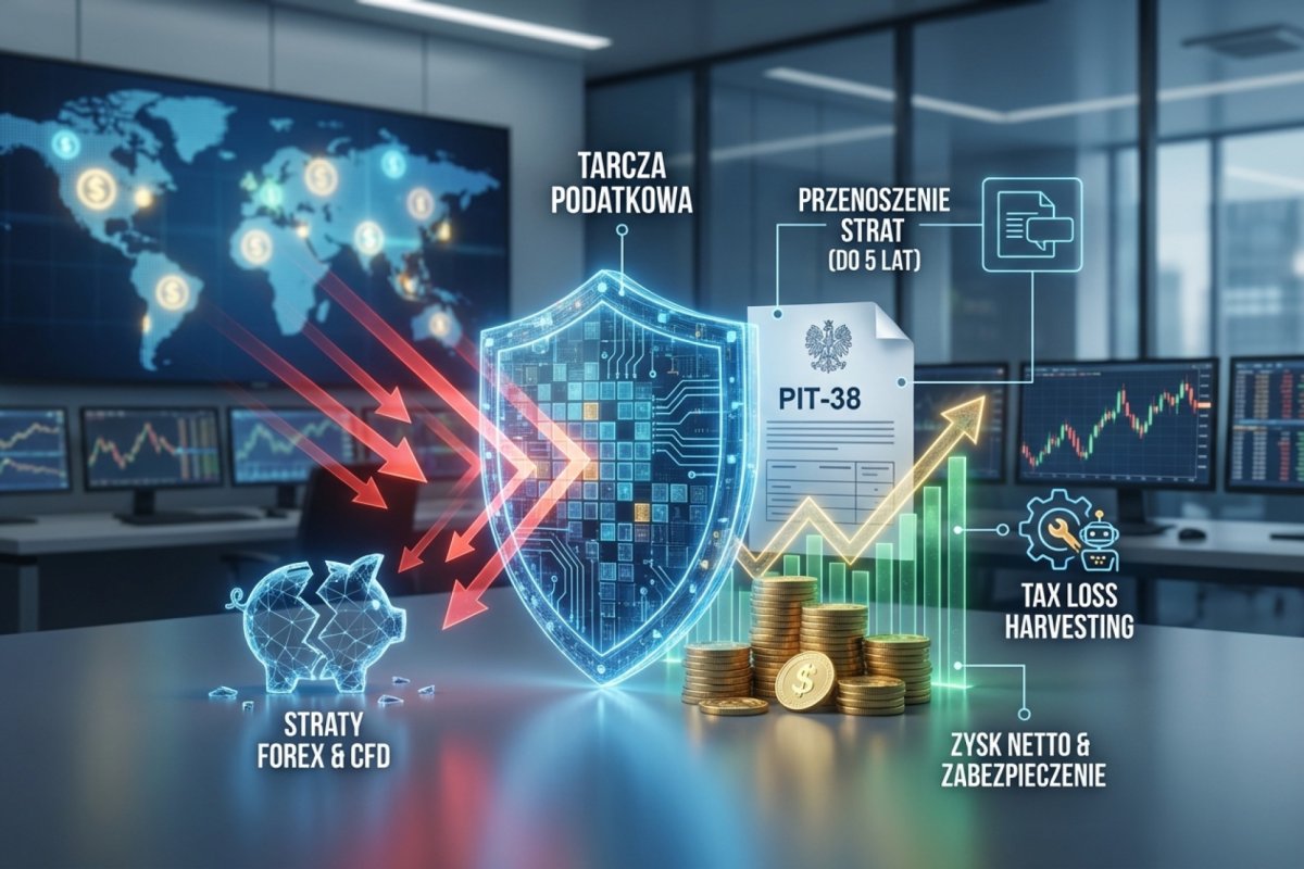 Straty i tarcza podatkowa na Forex —kompensacja strat z CFD, przenoszenie na kolejne lata, PIT-38 i tax loss harvesting