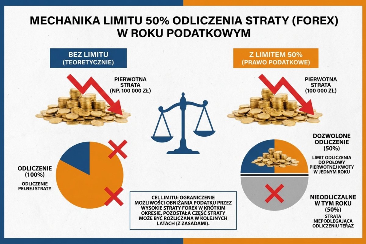 Mechanika limitu 50% —odliczenie straty ograniczone do połowy pierwotnej kwoty w jednym roku podatkowym