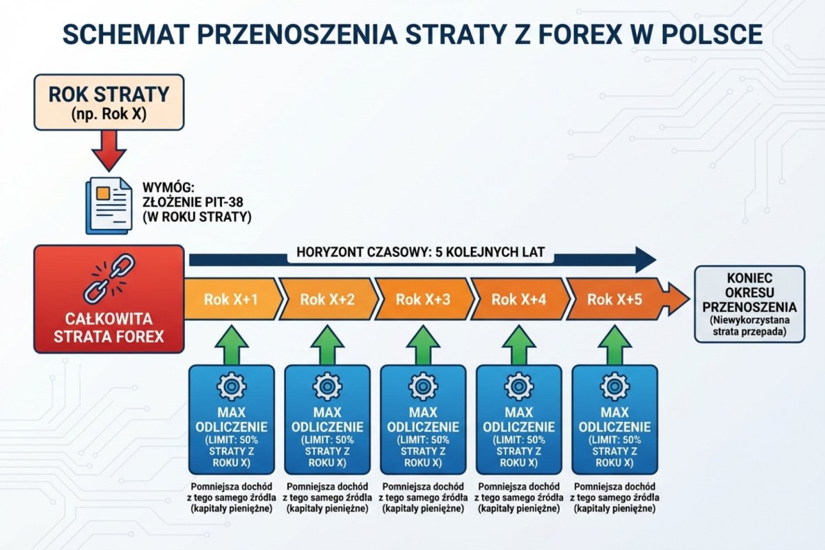 Schemat przenoszenia straty z Forex —horyzont 5 lat, limit 50% rocznie, wymóg PIT-38 w roku straty
