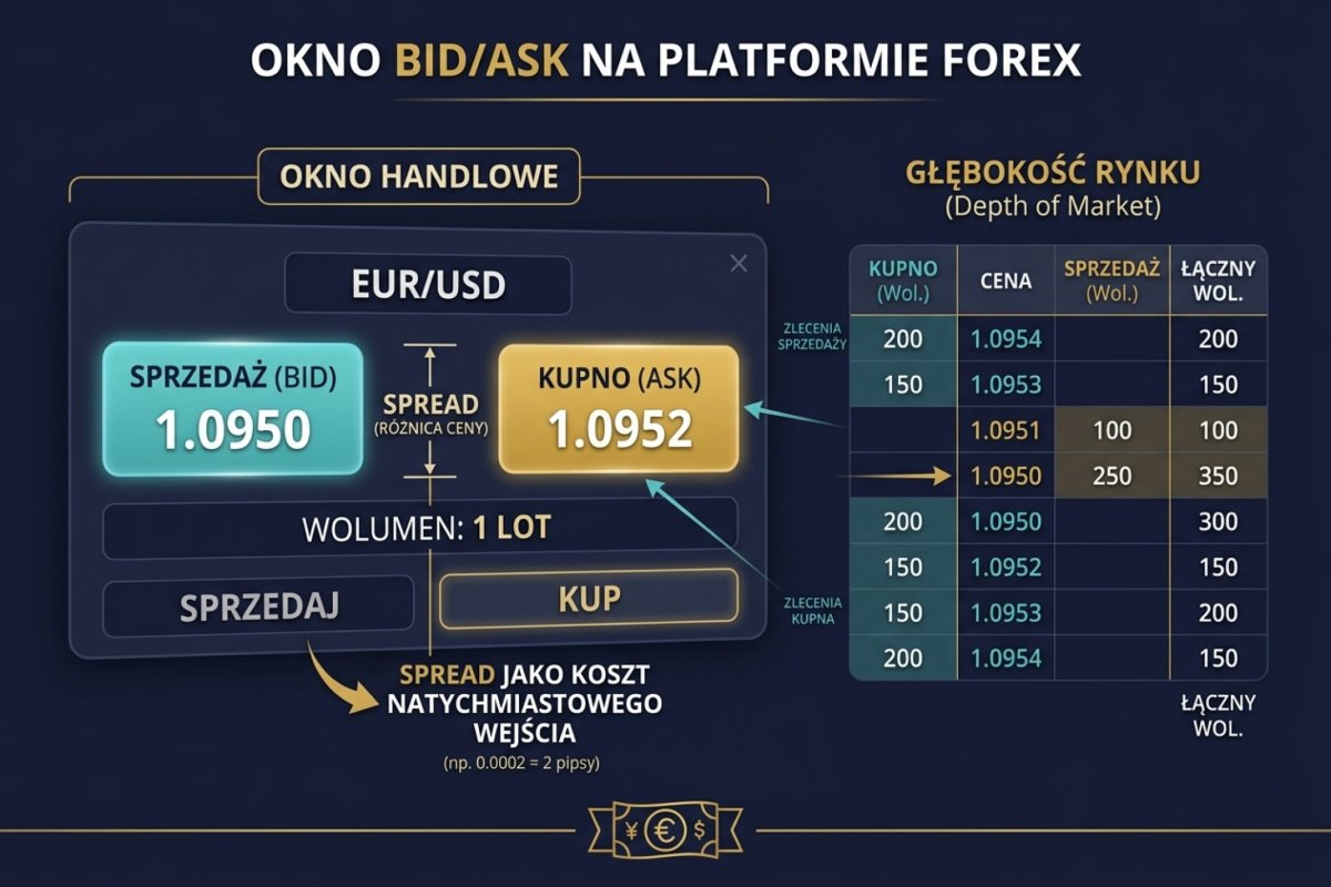 Okno bid/ask na platformie handlowej — widoczne dwie ceny, spread jako koszt natychmiastowego wejścia i głębokość rynku (DoM)