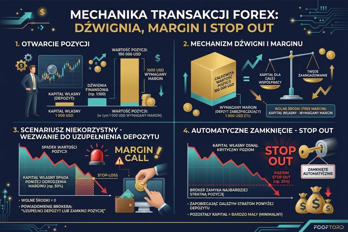 Schemat mechaniki dźwigni, marginu i stop outu — od otwarcia pozycji przez wezwanie do uzupełnienia depozytu po automatyczne zamknięcie