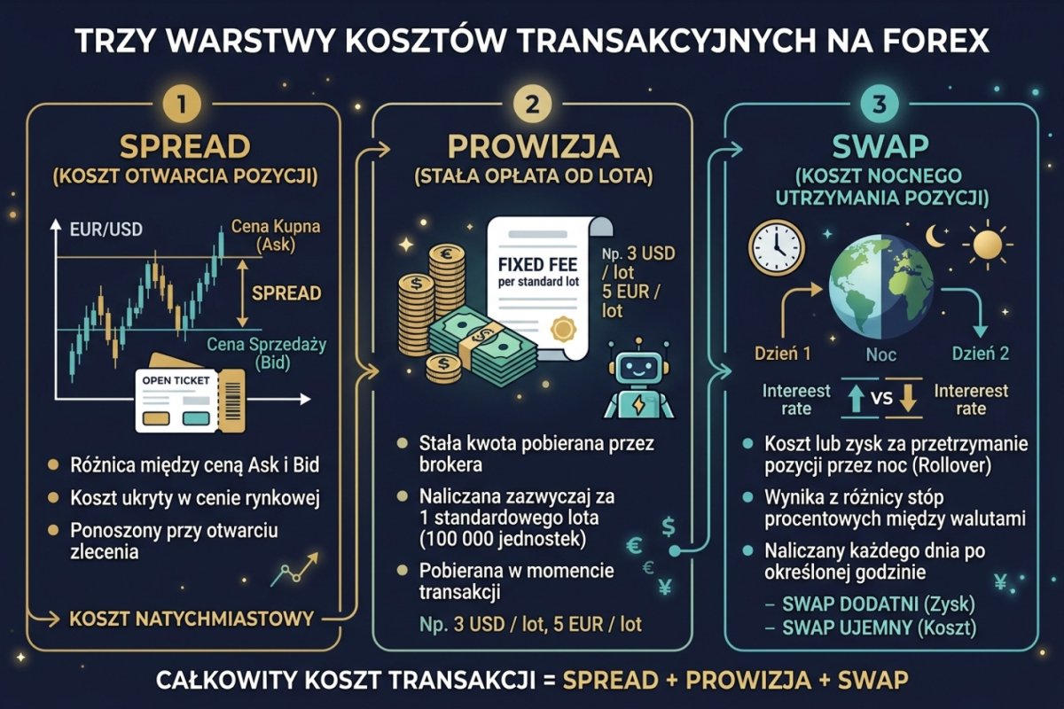 Trzy warstwy kosztów transakcyjnych na Forex — spread (koszt otwarcia), prowizja (stała od lota), swap (koszt nocnego utrzymania pozycji)