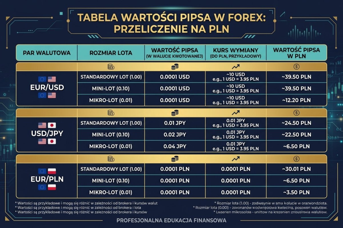 Tabela wartości pipsa dla EUR/USD, USD/JPY, EUR/PLN — standardowy lot, mini-lot i mikro-lot, z przeliczeniem na PLN