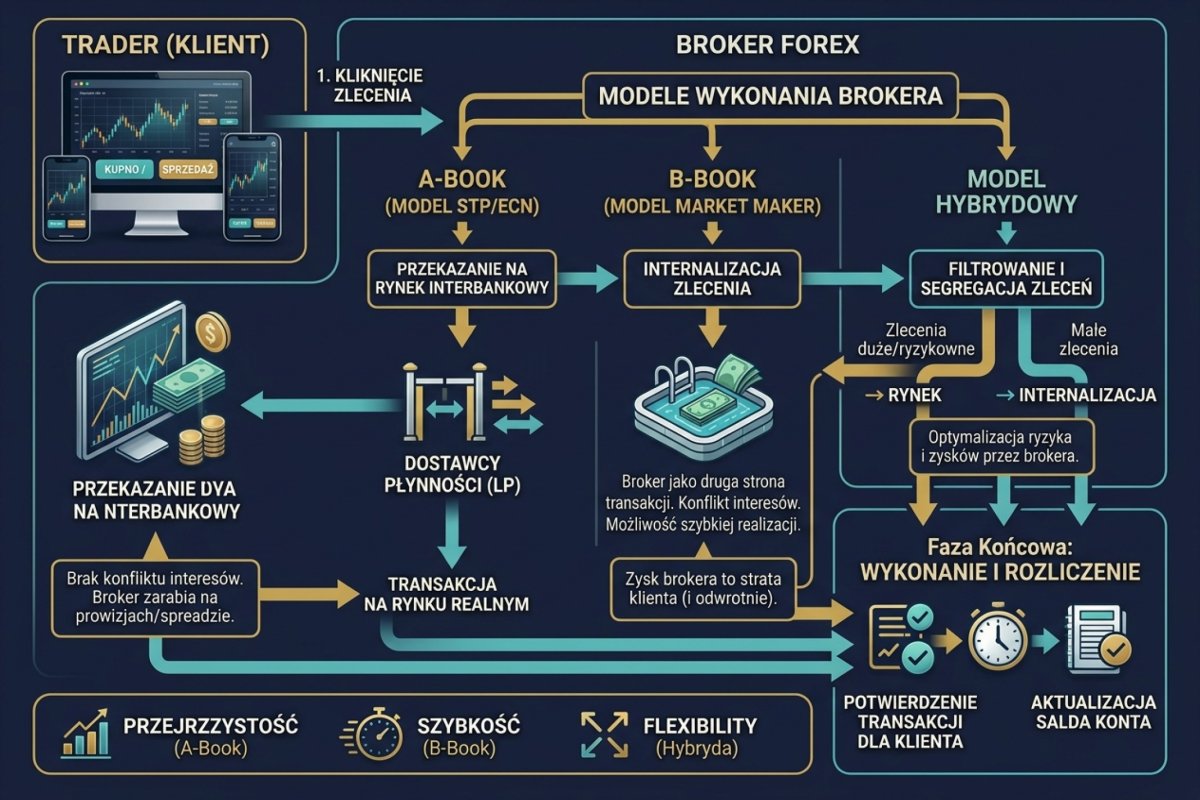 Schemat przepływu zlecenia tradera — od kliknięcia Buy/Sell przez model wykonania brokera (A-Book, B-Book, hybryda) do dostawcy płynności lub internalizacji