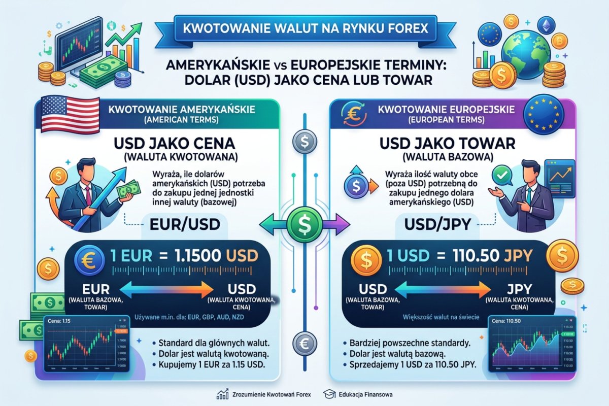 Kwotowanie American terms i European terms — dolar jako cena lub towar w parze walutowej