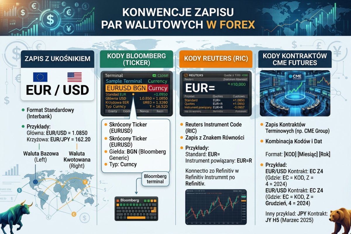 Konwencje zapisu par walutowych — ukośnik, Bloomberg, Reuters i kody CME futures