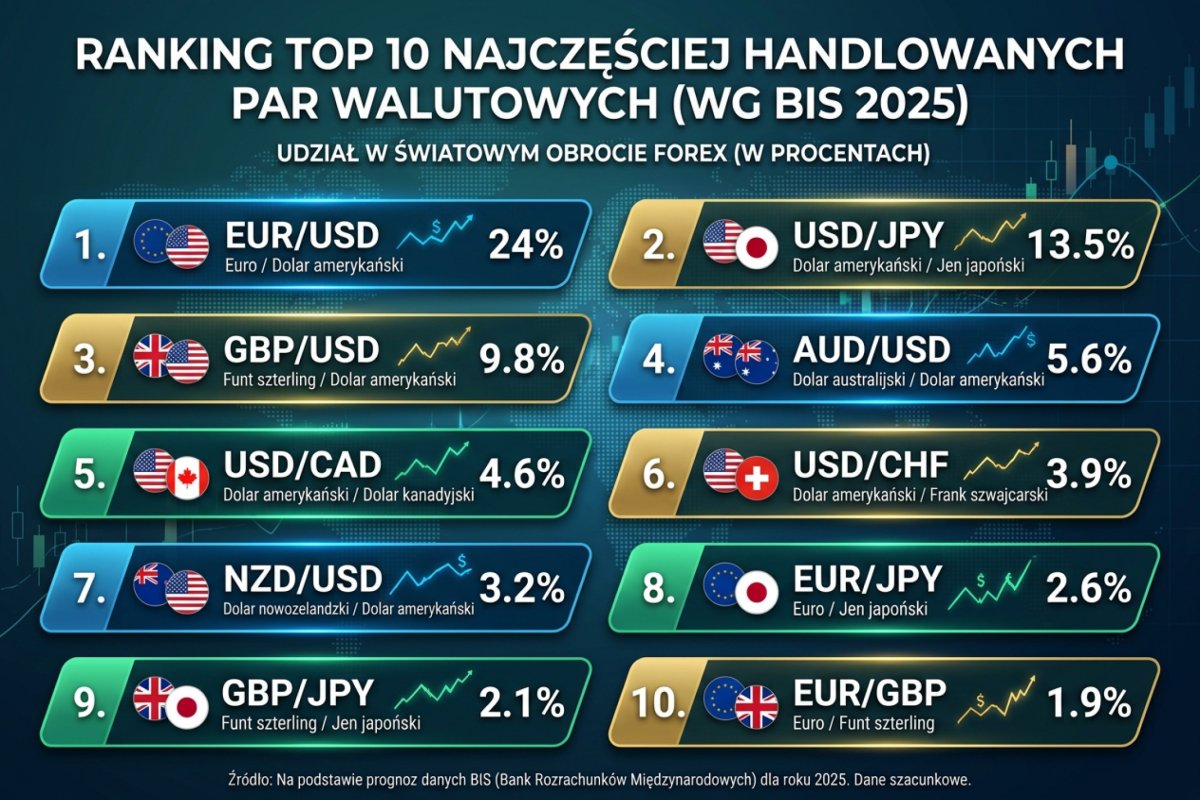 Ranking 10 najczęściej handlowanych par walutowych wg BIS 2025 z udziałem w obrotach