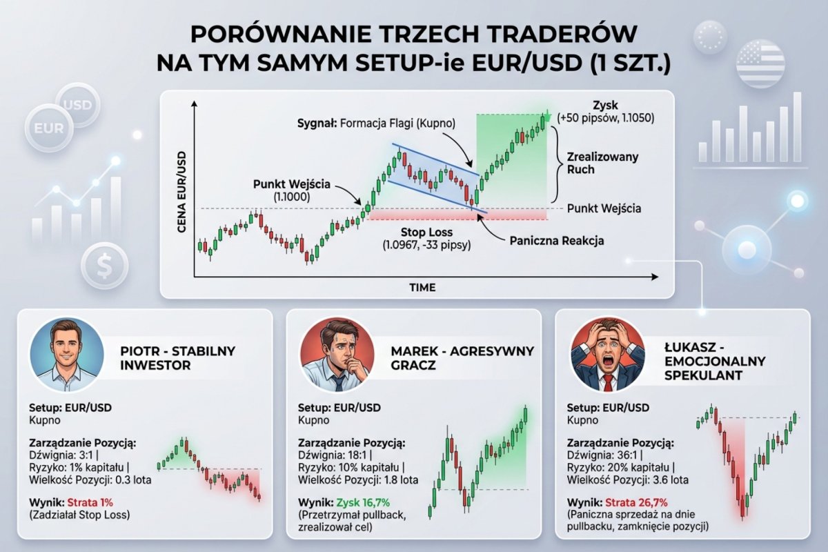 Porównanie trzech traderów na tym samym setupie EUR/USD — Piotr (dźwignia 3:1, strata 1%), Marek (18:1, zysk 16,7% ale stres), Łukasz (36:1, panika i strata 26,7%). Różny sizing, różny wynik, różne emocje