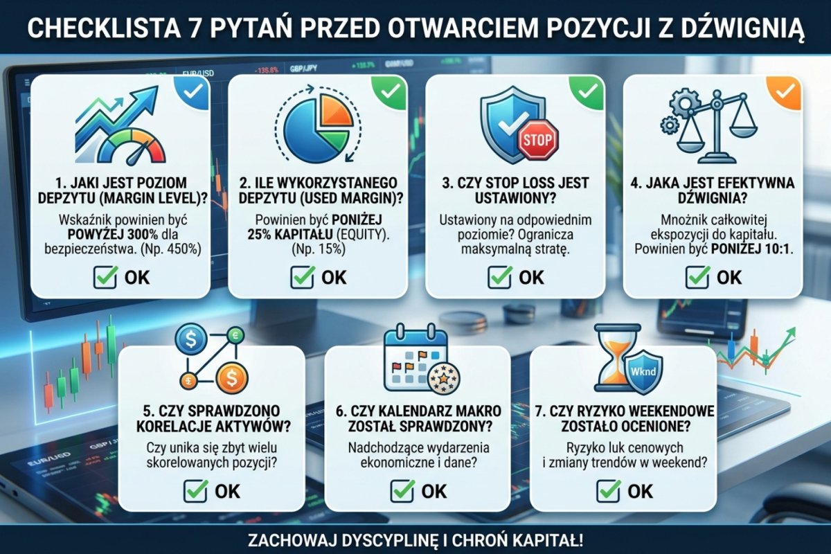 Checklista 7 pytań przed otwarciem pozycji z dźwignią — Margin Level powyżej 300%, Used Margin poniżej 25% Equity, stop loss ustawiony, efektywna dźwignia poniżej 10:1, korelacje sprawdzone, kalendarz makro sprawdzony, weekend risk oceniony
