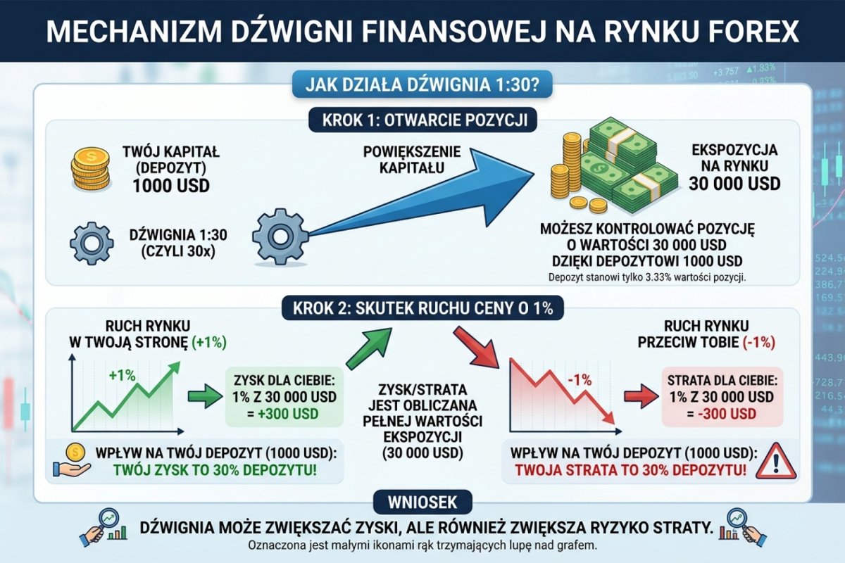 Mechanizm dźwigni finansowej — 1000 USD depozytu kontroluje 30 000 USD ekspozycji przy dźwigni 1:30. Ruch 1% na pozycji = 300 USD zysku lub straty na koncie z 1000 USD depozytu